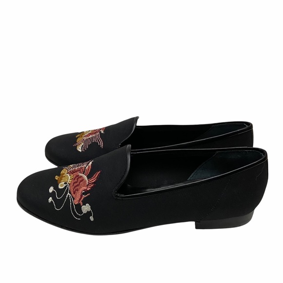 ZALO Black Faille Silk Koi Fish Embroidered Smoking Loafers - Picture 4 of 10